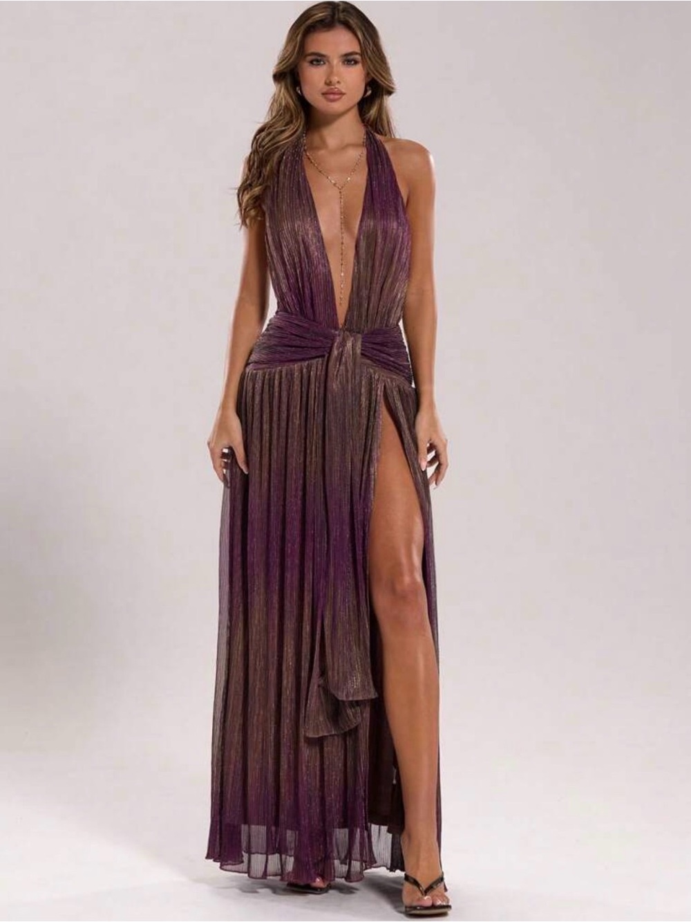 REVOLVE Metallic Plum Plunging Halter Maxi Dress